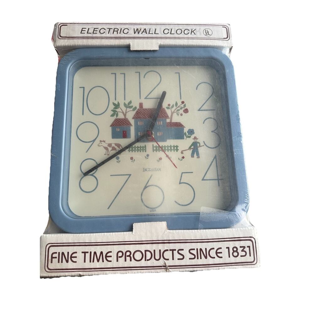 Vintage Ingraham Light Blue Plastic Wall Clock Square 10” USA Heartland Themed